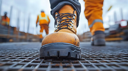 Poster - Close-up of a work boot on a construction site.