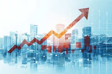 A red arrow graph rising upward over a city skyline, representing growth and success in a financial or business context.