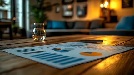 Poster - A workspace with a report featuring graphs and a glass of water.