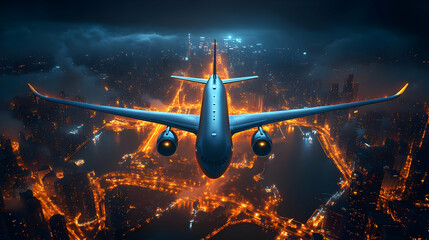 Canvas Print - Aerial view of an illuminated cityscape with an airplane overhead.