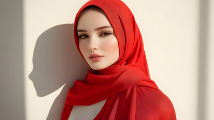 Sticker - A woman in a red hijab poses against a light background.