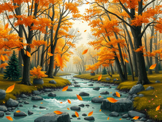 Wall Mural - A painting of a river with leaves falling into it. The mood of the painting is peaceful and serene