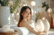 © kitipol - High-resolution brightly lit photorealistic candid photograph of a beautiful presenter woman in a spa, sitting comfortably surrounded by elegant spa decor, basking in the tranquil atmosphere. The