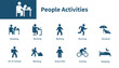 © icon - People activity icon. Set of solid vector icons on study, work, run, vacation, sleep.