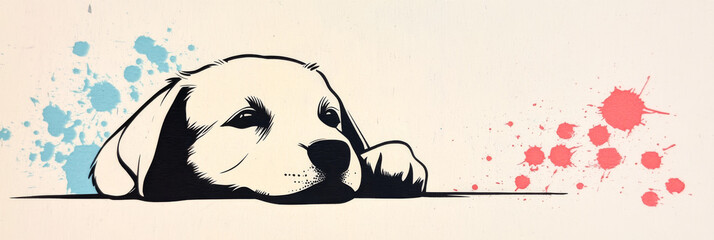 Poster - Cute puppy with blue and red splatter paint behind it