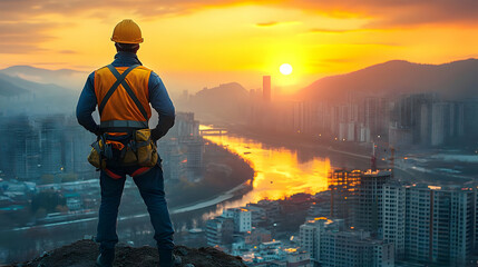 Wall Mural - Worker overlooking a cityscape at sunset, symbolizing ambition.