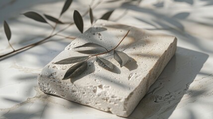 Wall Mural - Clean and simple product display with natural leaf shadows on stone, elegant design