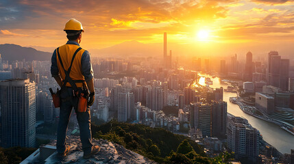 Wall Mural - Construction worker overlooking a city at sunset.