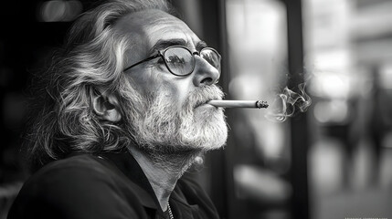 Poster - A contemplative man with glasses and a cigarette in black and white.