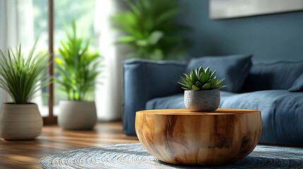 Poster - Cozy living room with a wooden table and potted plants.