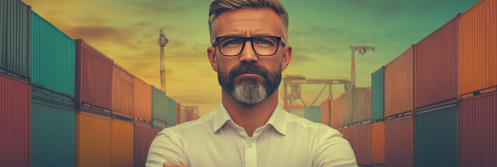 Canvas Print - A confident man with a beard and glasses stands in front of shipping containers, looking directly at the camera.