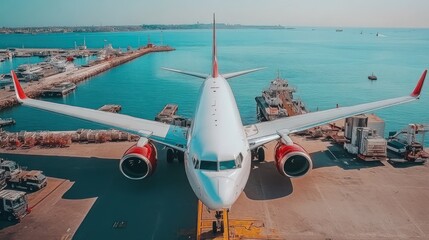 A white airplane with red accents parked on the tarmac at a port.