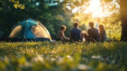 A group of young people sitting on the grass near a camping tent in a landscape with a blurred background with sunlight shining on their area feeling freedom