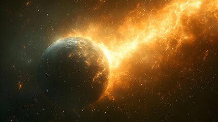 Wall Mural - A fiery planet surrounded by cosmic flames and stars.