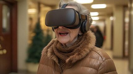 Poster - Elderly woman enjoying virtual reality experience in a cozy setting.