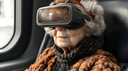 Poster - Elderly woman wearing virtual reality headset, immersed in experience.