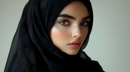 Canvas Print - Portrait of a woman wearing a black hijab, showcasing beauty.