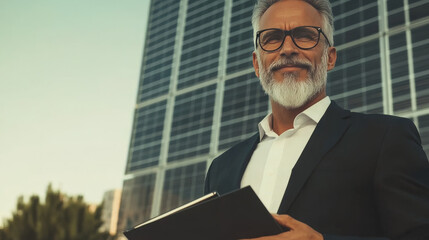 Wall Mural - A businessman in a suit and glasses smiles in front of a modern office building.