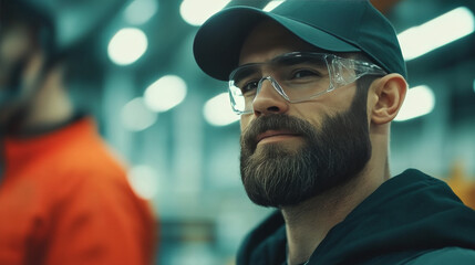 Canvas Print - A man in safety glasses and a cap looks intently at something off-camera.