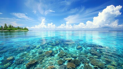 Poster - Vibrant Coral Reef Under Clear Blue Sky