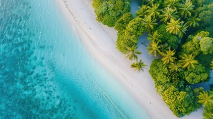 Canvas Print - Serene Tropical Beach with Lush Greenery Above View