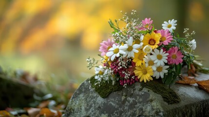 a solemn bouquet of flowers placed on a cemetery stone, evoking a sense of remembrance and peace, surrounded by a serene, muted background