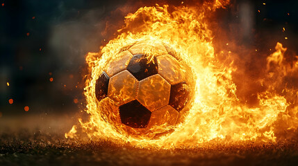 A flaming soccer ball in motion, showcasing energy and excitement.