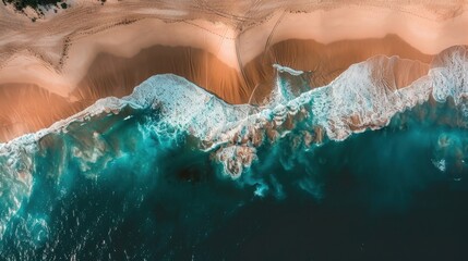 Canvas Print - Aerial View of Turquoise Ocean Waves and Sandy Shoreline