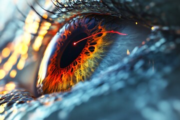 Close-up of a glowing eye with a red line in the iris.