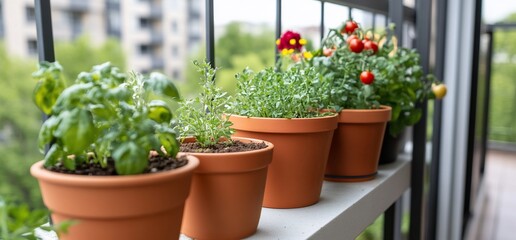 A balcony garden with potted herbs and vegetables thriving in sunlight.