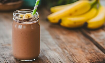 Wall Mural - wooden table featuring a freshly made chocolate banana smoothie , Generative AI