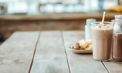 Wall Mural - wooden table featuring a freshly made chocolate banana smoothie , Generative AI