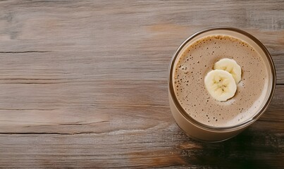 Wall Mural - wooden table featuring a freshly made chocolate banana smoothie , Generative AI