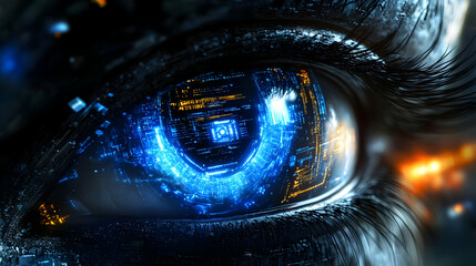 Sticker - A close-up of a futuristic eye with digital circuitry and blue light.