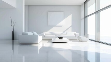 Poster - A white living room with a white couch, a white coffee table, and a white chair. The room is very clean and bright, with a large window letting in natural light