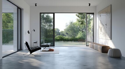 Aufkleber - A large open living room with a black chair and a white coffee table. The room is very clean and has a modern feel