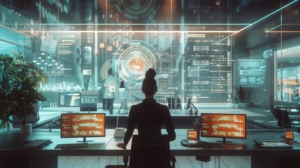 Poster - An office worker analyzes data and manages projects in a tech company's modern open-plan workspace during working hours