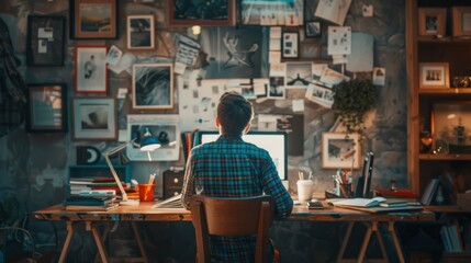 Aufkleber - An office worker focuses on a computer screen in a vibrant coworking space filled with creative materials and collaborative energy