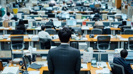 Aufkleber - An office worker navigates a busy corporate environment during a typical workday