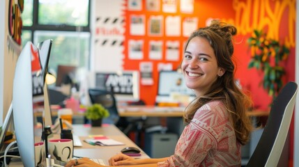 Aufkleber - Young office worker smiling while working at a marketing agency during a bright day
