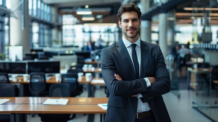 Aufkleber - Confident office worker stands in a bustling corporate workspace during a busy weekday, showcasing professionalism and focus