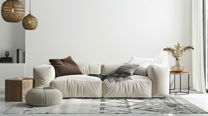 A white couch with brown pillows and a brown throw blanket. A vase with flowers on a table