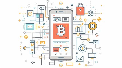 Poster - Line art of a smartphone displaying cryptocurrency trading apps with a clean and secure interface for users