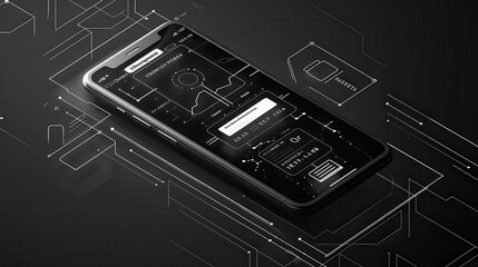 Poster - Minimalistic line art of a smartphone displaying a secure payment app with a sleek design and user-friendly interface