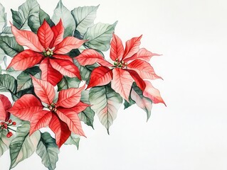 vivid red and green poinsettias arranged artistically on a crisp white background, celebrating the festive spirit and beauty of holiday flora