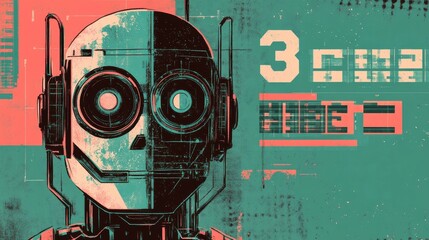 Aufkleber - A robot with a skull on its face and the numbers 3, 4, and 5 on its head