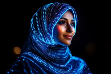 Arab woman wearing a glowing digital headscarf, with neon accents