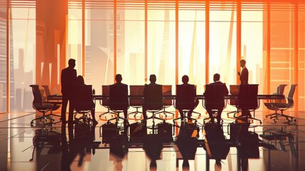 Poster - Corporate office workers engage in strategic discussions during a boardroom meeting with a sunset view over the city skyline