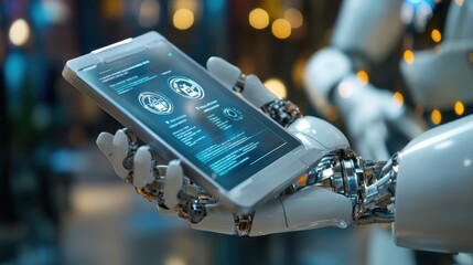 Aufkleber - A robot is holding a tablet in its hand