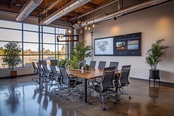 Wall Mural - Modern conference room with large windows, wooden table, and plants.